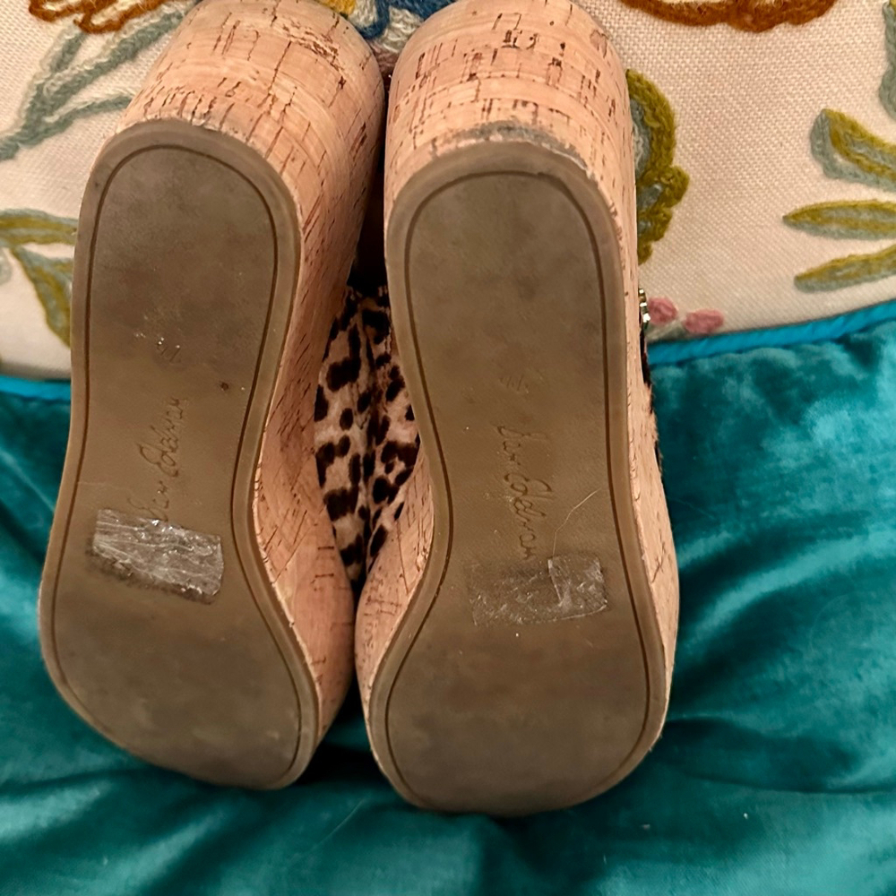 Women's Sam Edelman Leopard Print Calf Hair Cork Wedge Sandals 7.5 Brown/Beige - Picture 5 of 6
